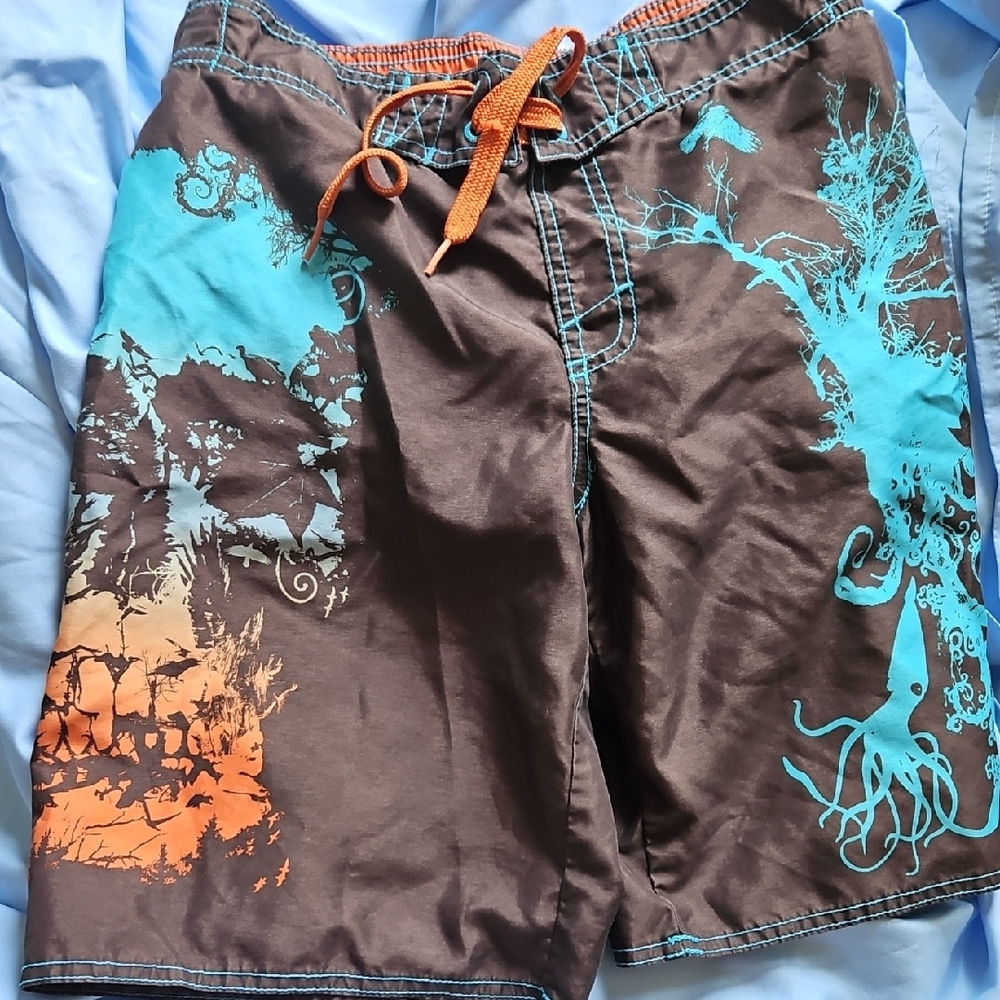 Youth Size 8 Brown Swim Shorts with Orange and Blue Accents.   Worn Very Little.